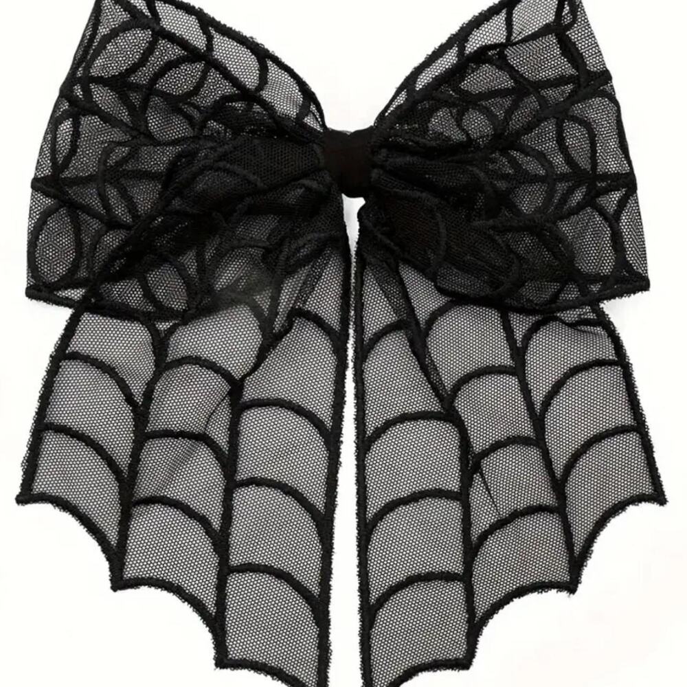 Large L Black Spiderweb Bow Mesh Details Kawaii Goth Gothic Halloween Cheer